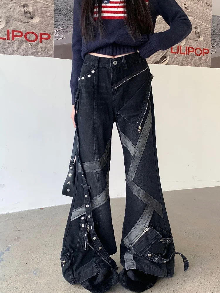 

2024 Cyber Y2K Streetwear Strap Patchwork Baggy Stacked Cargo Jeans Pants For Women Designer Clothes Gothic Punk Lady Trousers