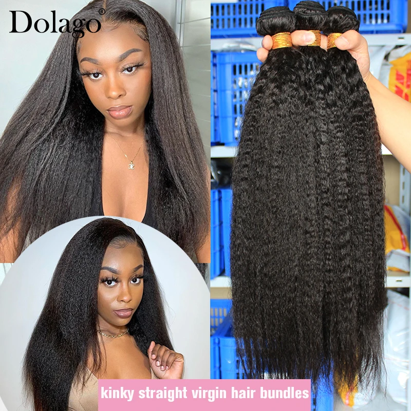 Kinky Straight Bundles Hair Weave Coarse Yaki Straight Virgin Human Hair Bundles With Closure Brazilian Kinky Hair Extensions