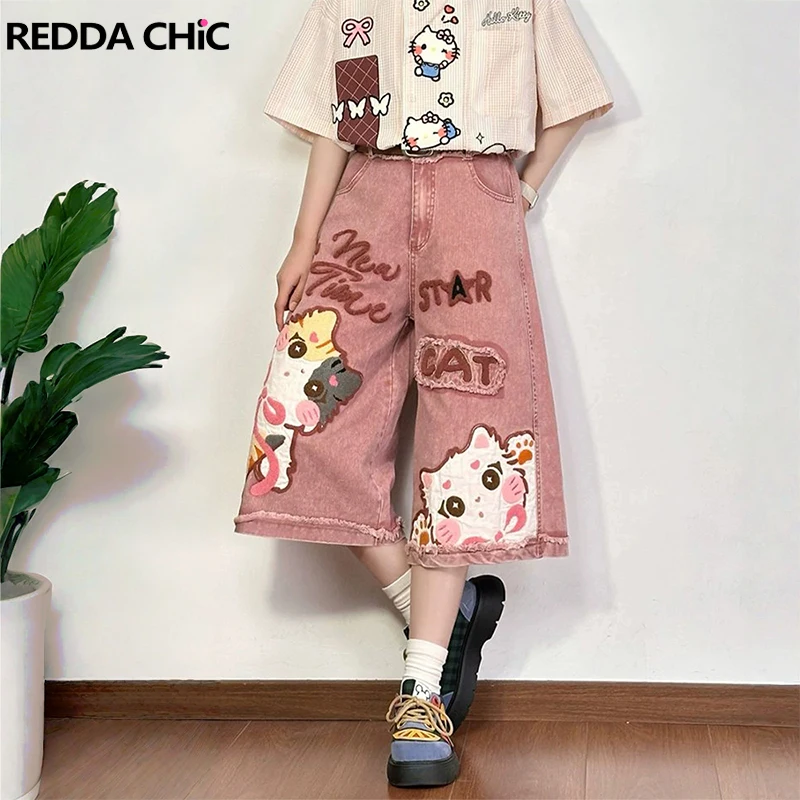 ReddaChic Cat Flocked Women Denim Bermuda Shorts Y2K Summer Elastic Waist Cartoon Embroidery Baggy Cropped Jeans Kawaii Bottoms