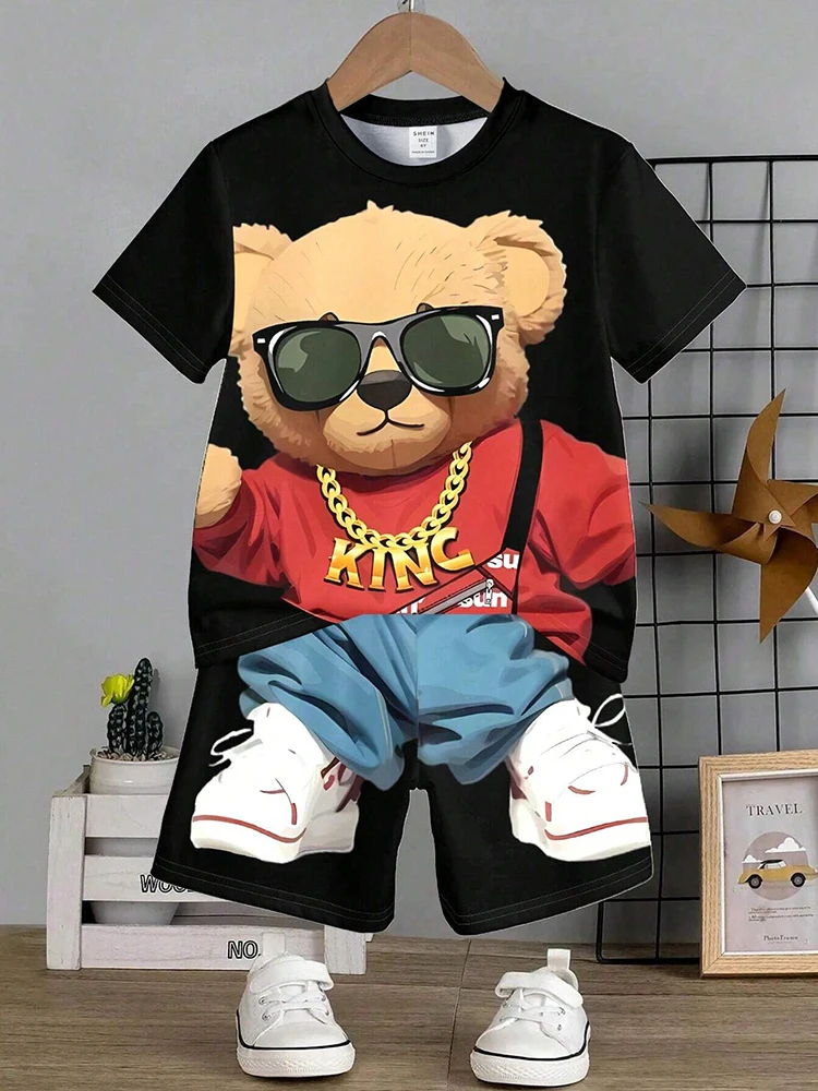 New Anime Trend Cool Bear Print Short Sleeve T-shirt Shorts Summer Men's Fashion Street Suit Heat Insulation Anti-wrinkle