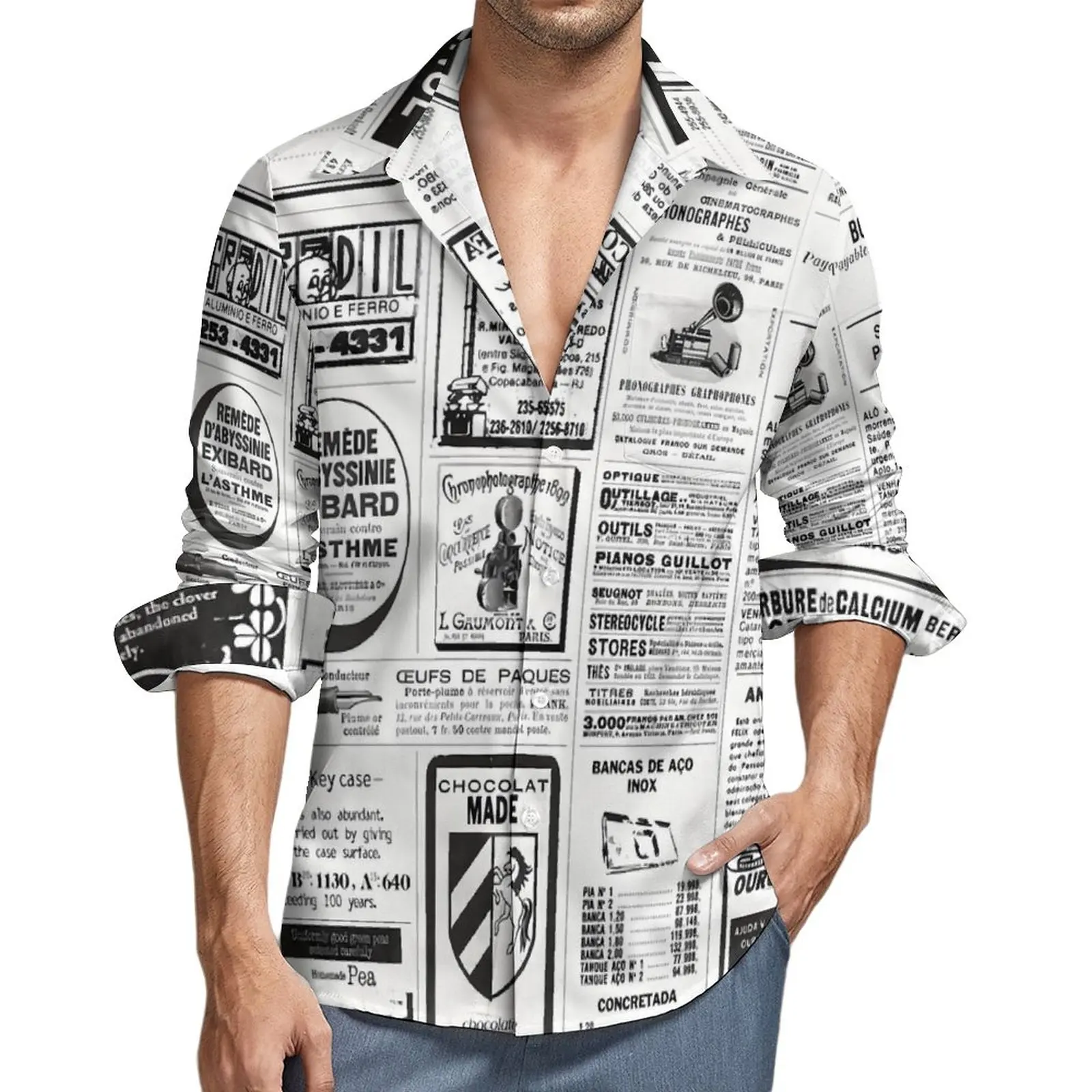 Camisa con estampado de periódico Y2K para hombre, camisas casuales de publicidad Vintage, blusas personalizadas de manga larga, ropa fresca de gran tamaño, regalo de otoño