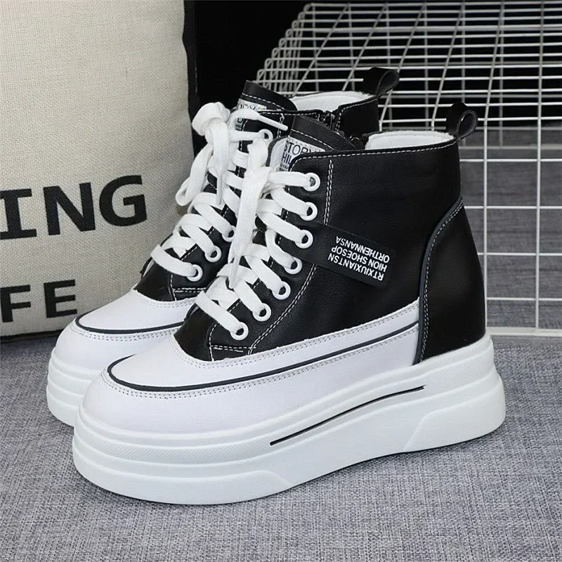 Leather Thick-soled High-top Women's Shoes 2024 Autumn Winter New Fashionable Zipper Height Increased 8cm Casual Sneakers Shoes