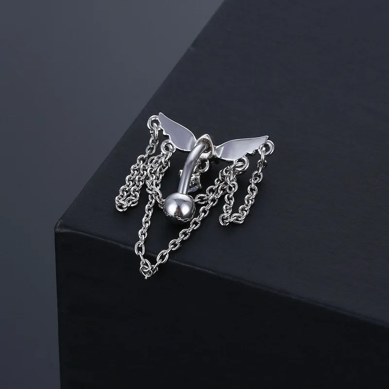 Fashion Wing Dangle Belly Bar Ring Navel Piercing Reversed Bar Belly Piercing With Chians Jewelry Oreja