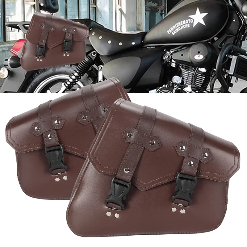 Waterproof PU Leather Motorcycle ATV Saddle Bags w/ Bottle Holder, Multi Tool Luggage For Cruiser Custom Cafe Racer