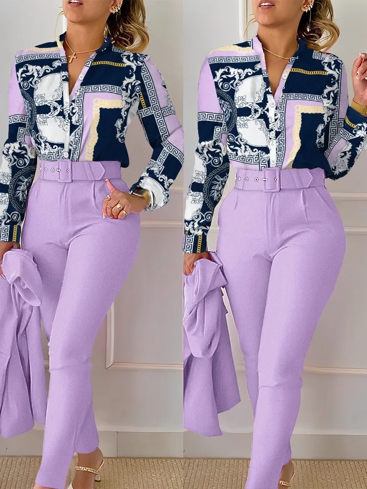 Spring Autumn Fashion Print 2 Piece Sets Women 2023 Casual Button Long Sleeve Shirt Pants Suits Female V-Neck Top Pants Outifits