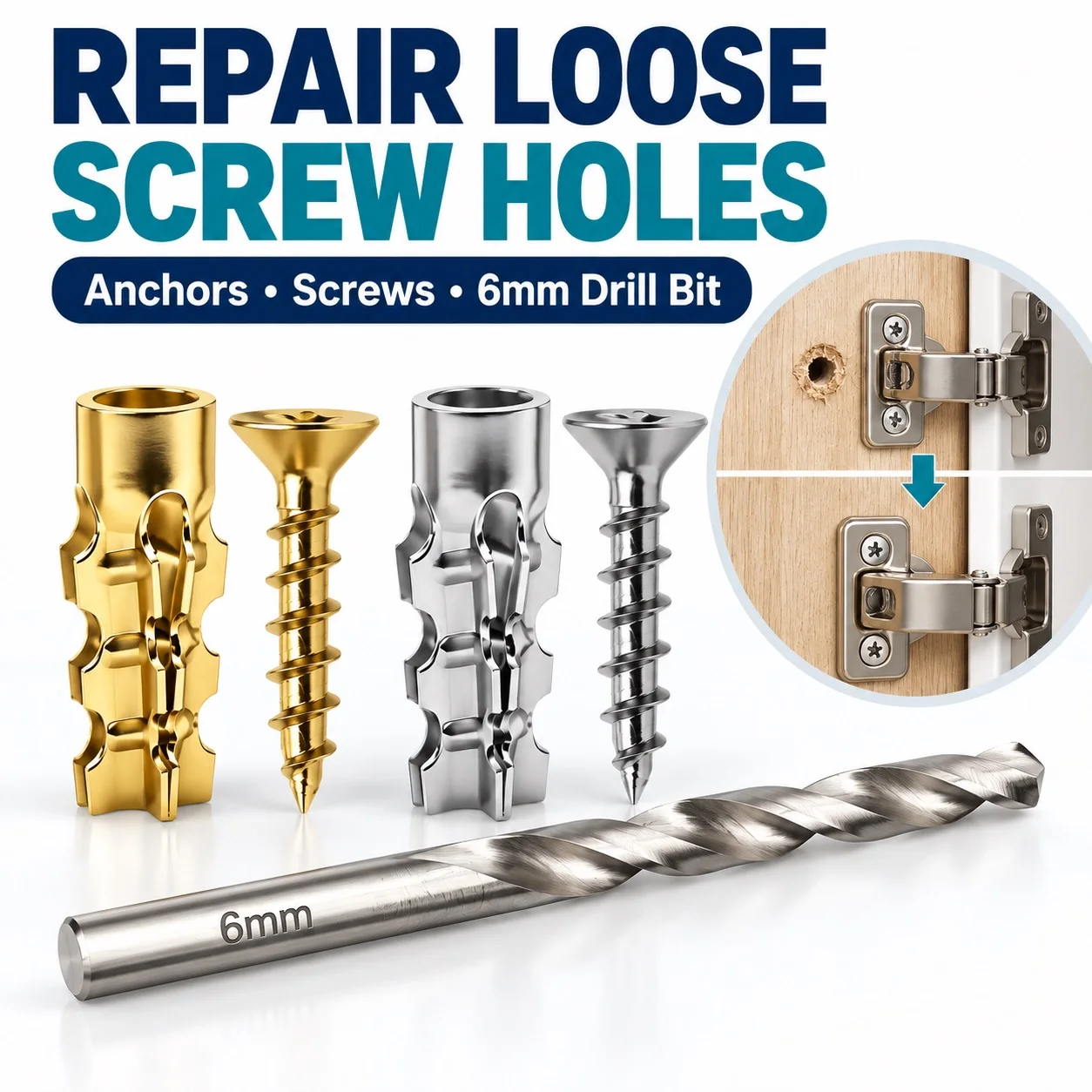 Wood Screw Hole Repair Anchor Kit, 6×14mm Short Expansion Screw Set with 6mm Drill Bit for Stripped Screw Holes, Hinge Repair