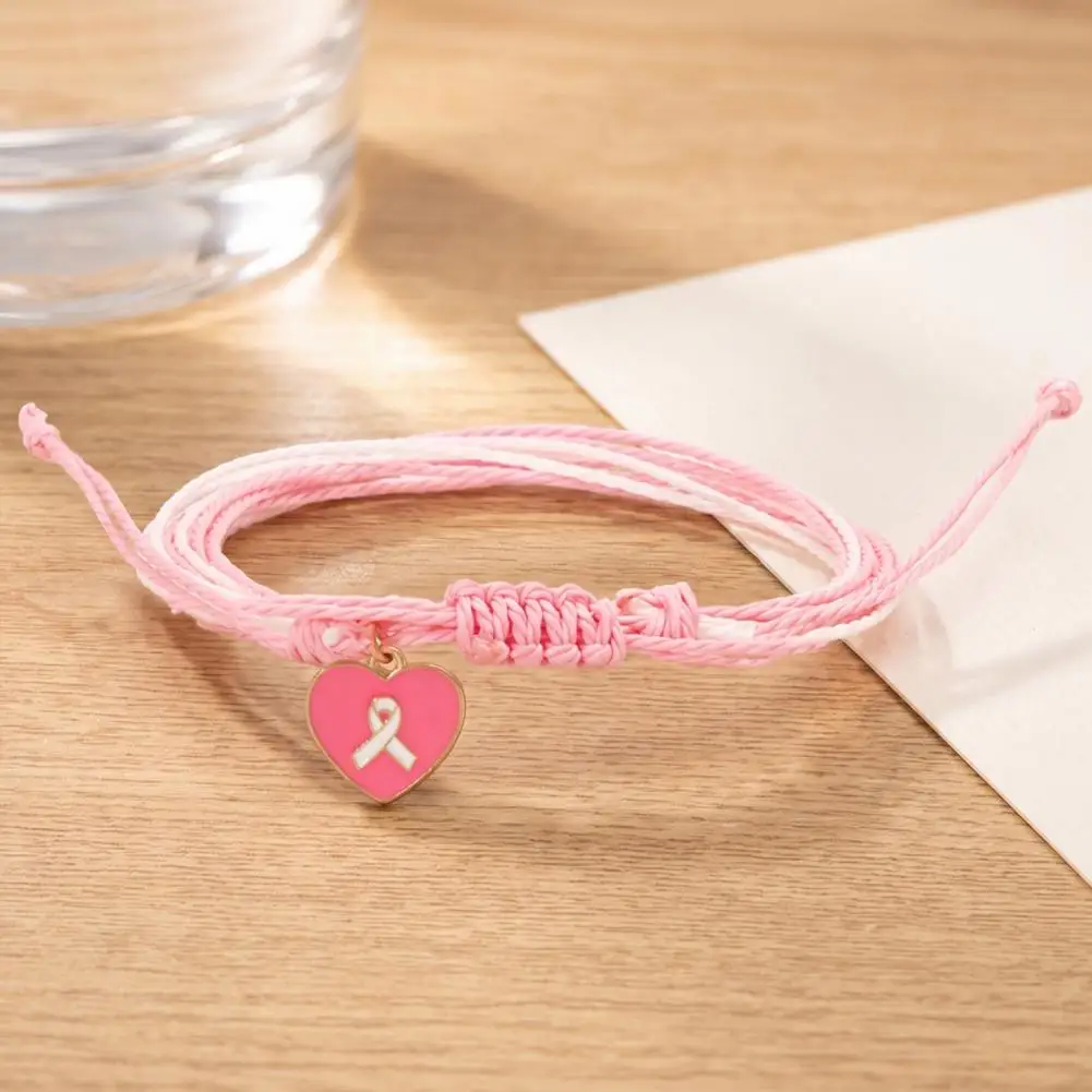 Heart Butterfly Alloy Pendants Breast Cancer Awareness Bracelet for Women Adjustable Woven Ribbon Charm Wristband Handmade