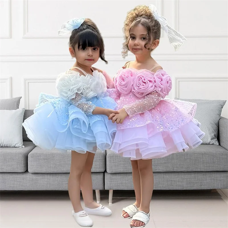 فساتين الأميرة تول مطرزة بالخرز على شكل زهرة فتاة فساتين المناولة الأولى هدية عيد الميلاد وحفلات الزفاف وأعياد الميلاد #4