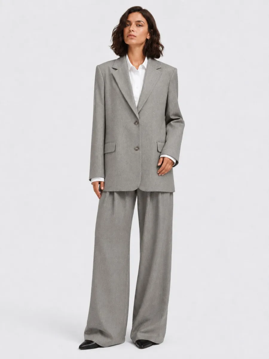 Women's Light Gray Oversized Blazer & Wide Leg Pants Suit Set Office Lady Business Formal Co-ord Outfit