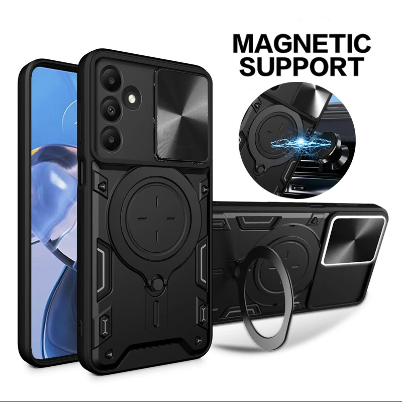 Armor Shockproof Magnetic Holder Ring Case For Samsung Galaxy A15 A25 A35 A55 A05 A05S M55 Phone Cover Slide Lens Protect Funda