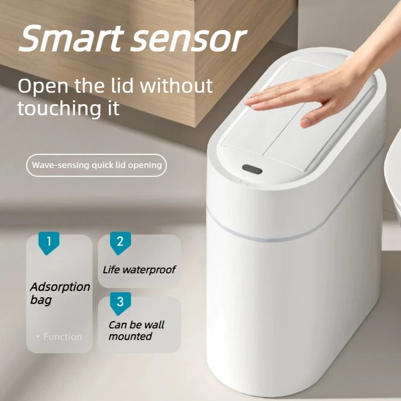 Smart Sensor Trash Can Touch-Free Automatic Waste Bin Bathroom Toilet Wall Mountable Narrow Garbage Container Wave Opening Bin
