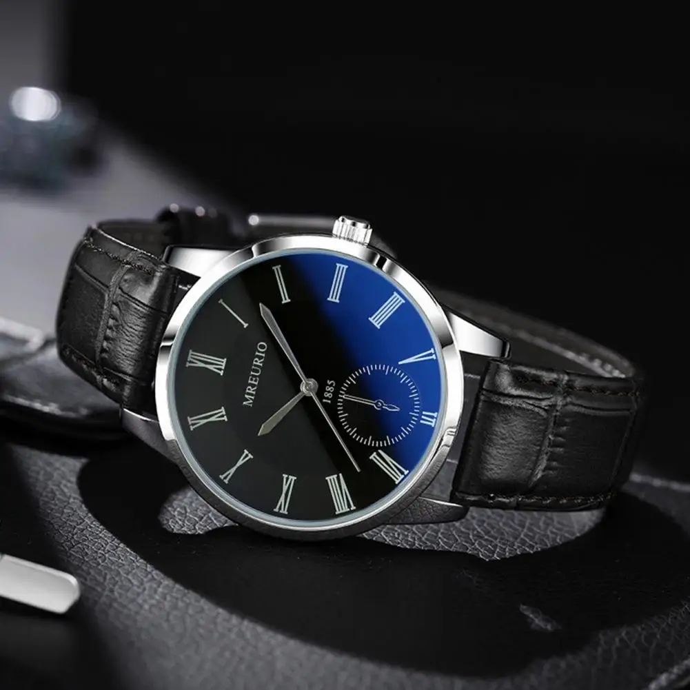 Mannen Zakelijk Horloge Rond Blauwe Wijzerplaat Horloges Voor Man Klok Faux Lederen Band Mannelijke Quartz Polshorloge Polshorloges