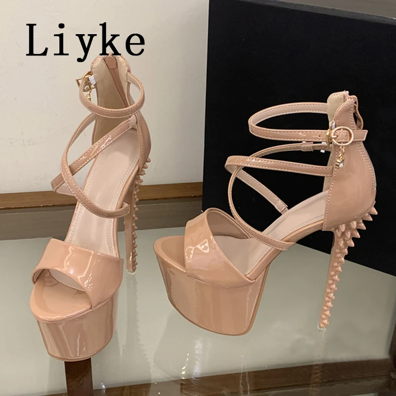 Liyke Runway Fashion Patent Leather Ankle Strap Platform Sandals Women Open Toe Zip Sexy 17CM High Heels Strip Pole Dance Shoes