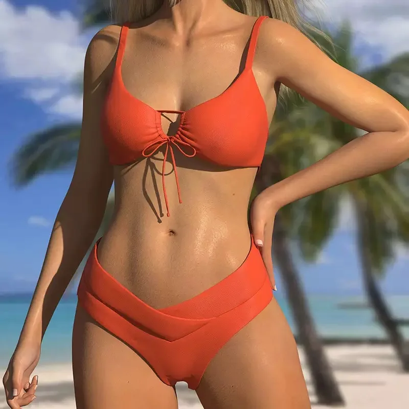 2025 New High Elastic Bikini Set Two-Piece Lace-Up Sexy Women Swimsuit Solid Color Beach Swimwear Summer Bathing Suit