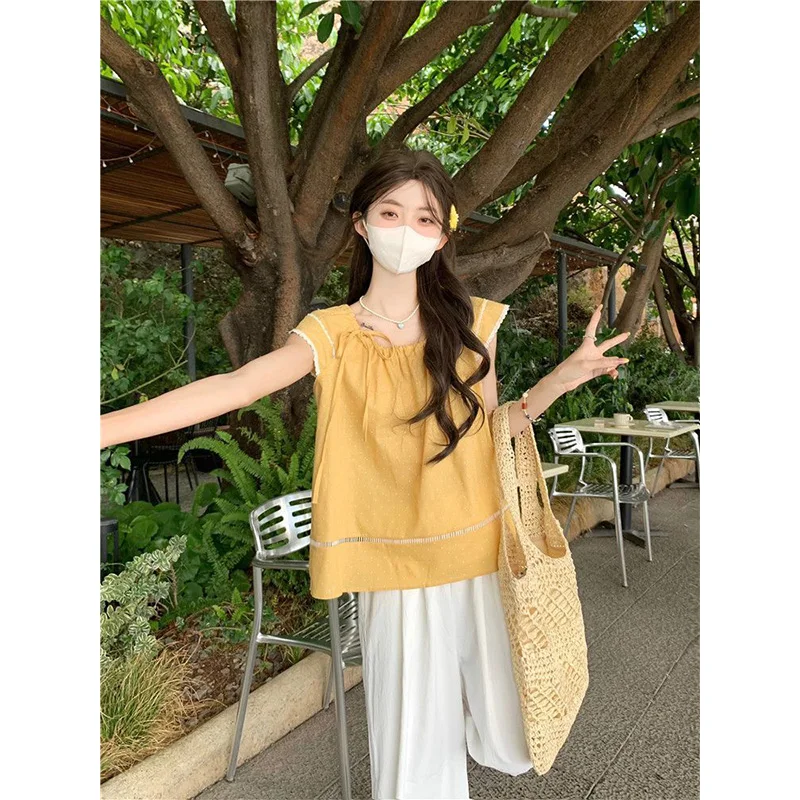 

Women Clothing Summer Fashion Trend All-match Fashionable Drawstring Solid Color O-neck Femme Sweet Young Style Lace Short Sleev