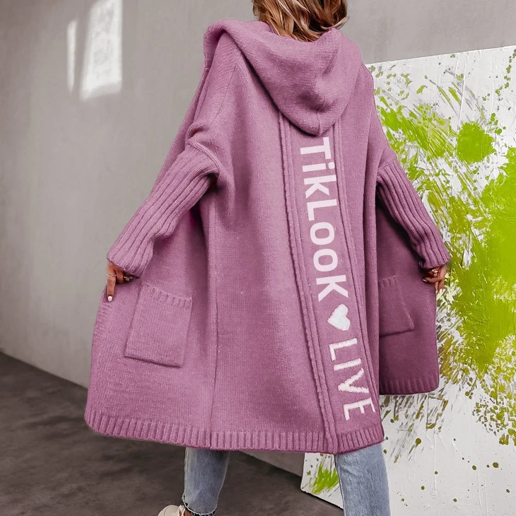 Letter Tiklook Hooded Cardigan Knit Sweater Women Spring Autumn Winter Maxi Soft Loose Coat Long Knitted Jacket Cardigan Jumpers