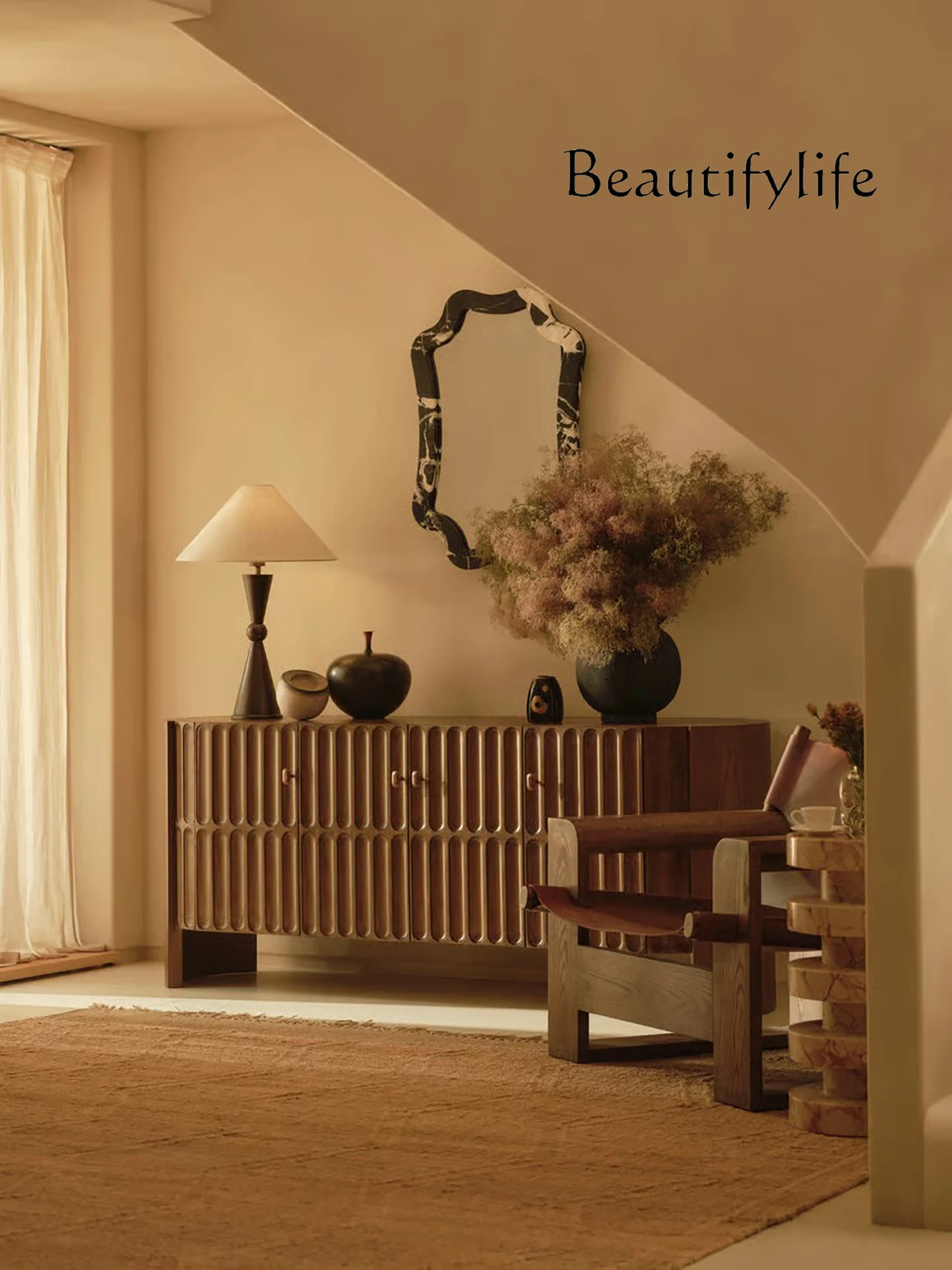 

French retro solid wood dining side cabinet designer creative living room home storage wall storage cabinet