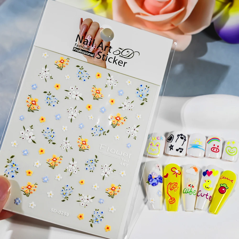 5D Embossed Elegant Flower Clusters Nail Sticker Blue/White/Yellow Spring Blossom Floral Nail Decals Self-adhesive Manicure Deco 6
