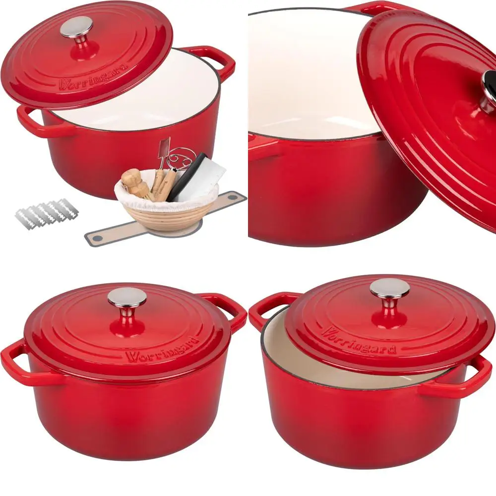 

Red 4.5-Quart Enamel-Coated Cast Iron Dutch Oven with Lid for Sourdough Bread Baking and Accessories