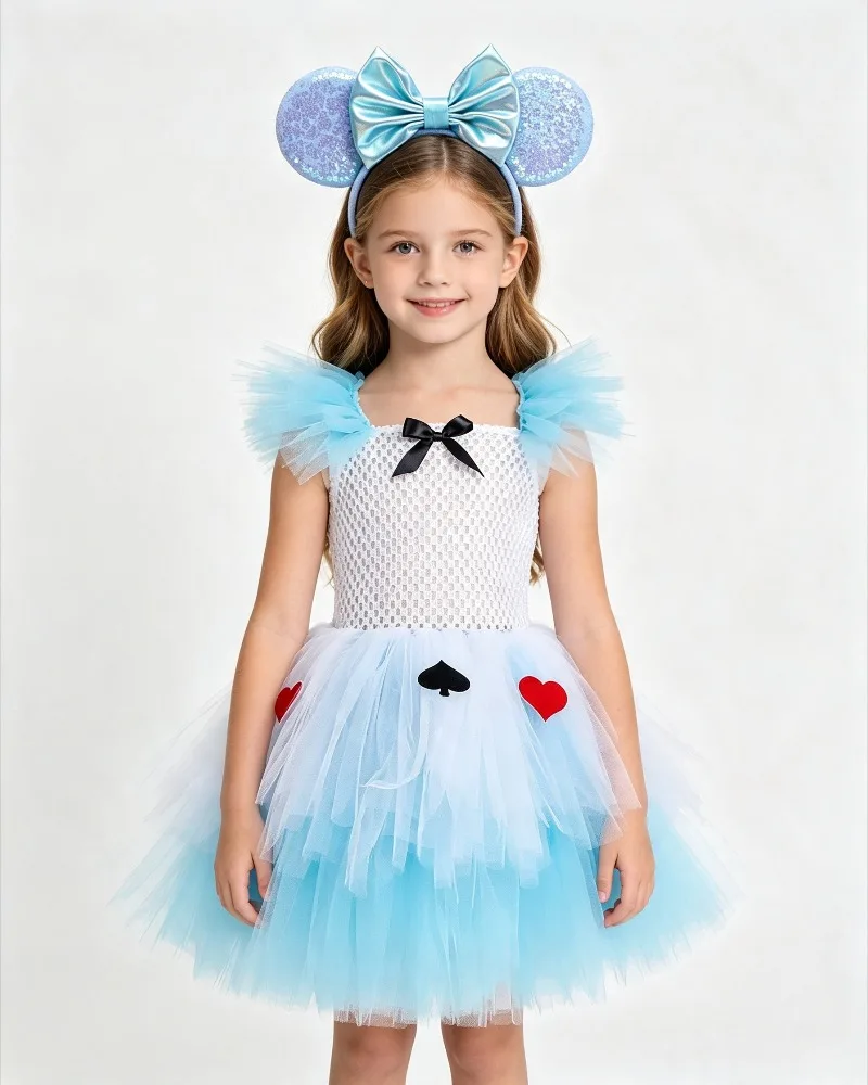 Halloween Girls Princess Tutu Dress Red Black Heart Patch Tulle Skirt Kids Birthday Holiday Wear with Sequin Hairband Accessory