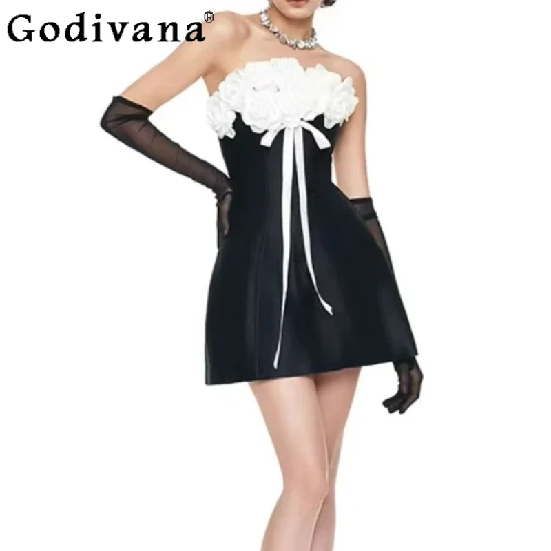 

Fashion Exquisite Three-dimensional Rose Splicing Strapless Dress Elegant Girl Elegant Slash Neck Short Birthday Evening Dresses