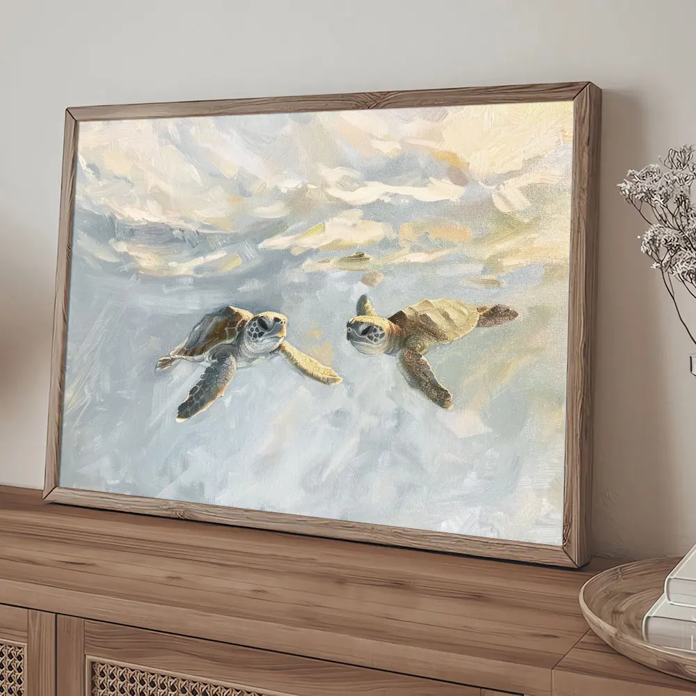 1pc Unframed Watercolor Sea Turtle Art Poster Retro Coastal Wall Art Painting Canvas Print Bathroom Minimalist Wall Picture HD