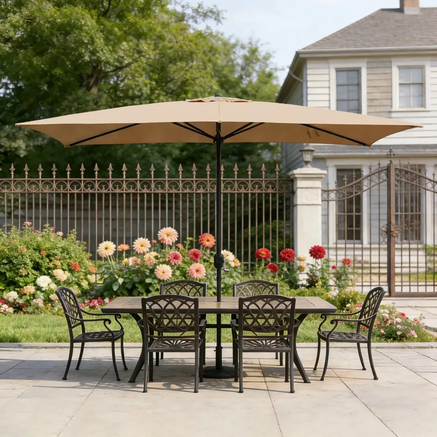 Abble 10x6.5ft Rectangular Patio Umbrella with Crank Handle Outdoor Market Umbrella with 6 Sturdy Umbrella Ribs, Waterproof, Tan