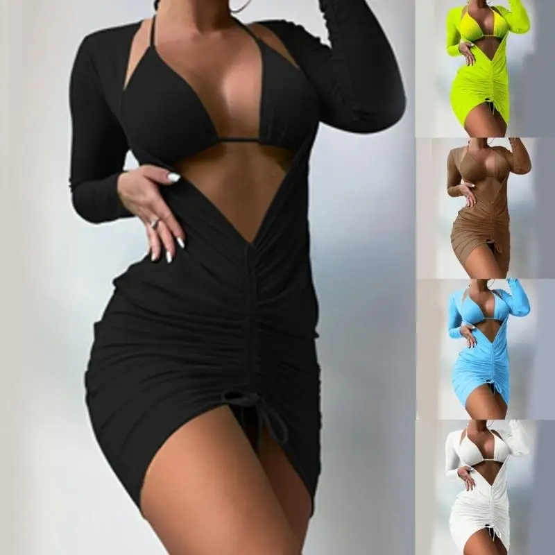 P8DB Kobiet Wzgórza Wrap Kąpiec Kącik 3 sztuki stroje kąpielowe kimonami plażowymi Cover Up Solid Color Swimsuitwears