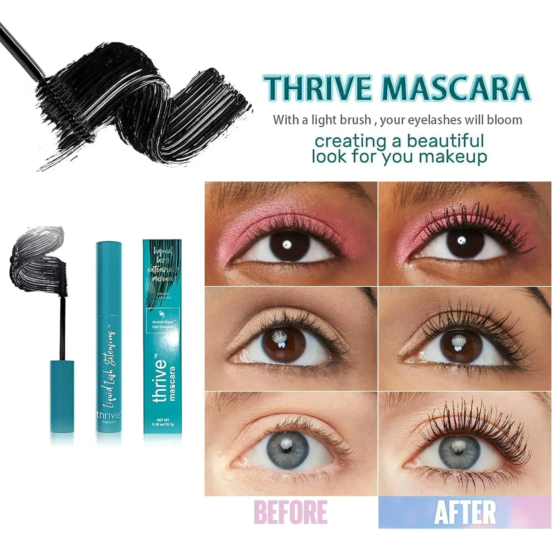 Gedijen Zwarte Mascara Waterdichte Vloeistof Natuurlijke Dikke Krul Sneldrogende Vezel Basis Lash Professionele Vrouwelijke Make-Up 10.7G