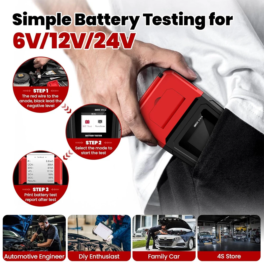 OBDMonster BM550U Car Battery Tester 6V/12V/24V 100-2000CCA Automotive Digital Battery Voltage Tester with Built-in Printer 1.8