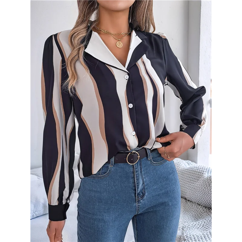 ASDS-Dames 2025, casual all-match contrasterende kleur gestreept pak met kraag en lange mouwen