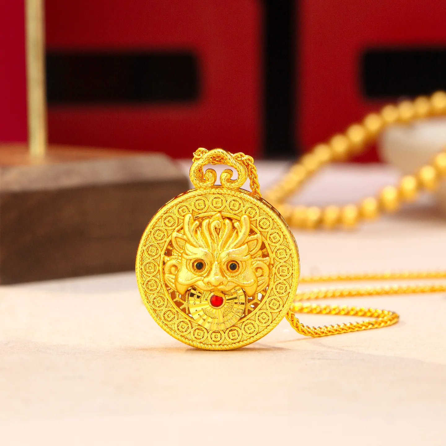 9999 gold diamond-encrusted mythical beast pendant women's retro-style fashionable hollowed-out round necklace
