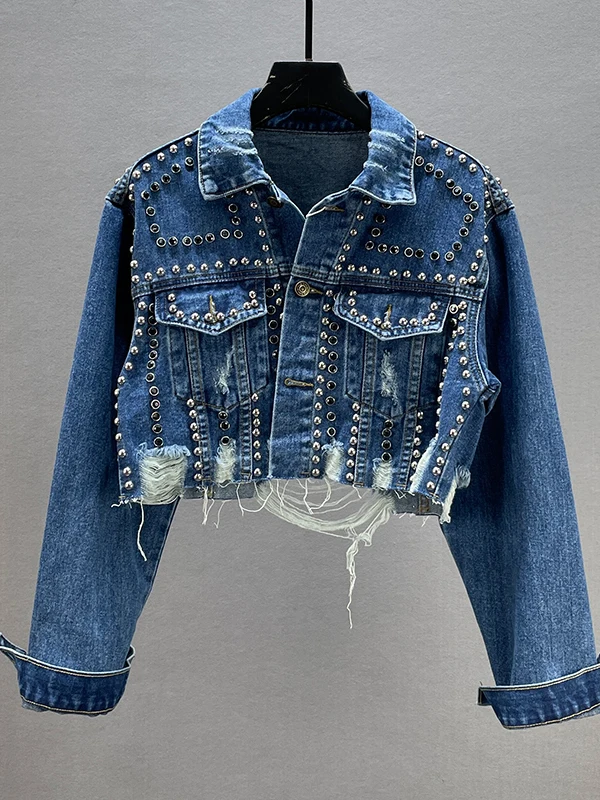 

Slim Fit Short Denim Jacket Women's Spring 2026 New Style Embellished with Nails And Diamonds Long Sleeve Casual Top