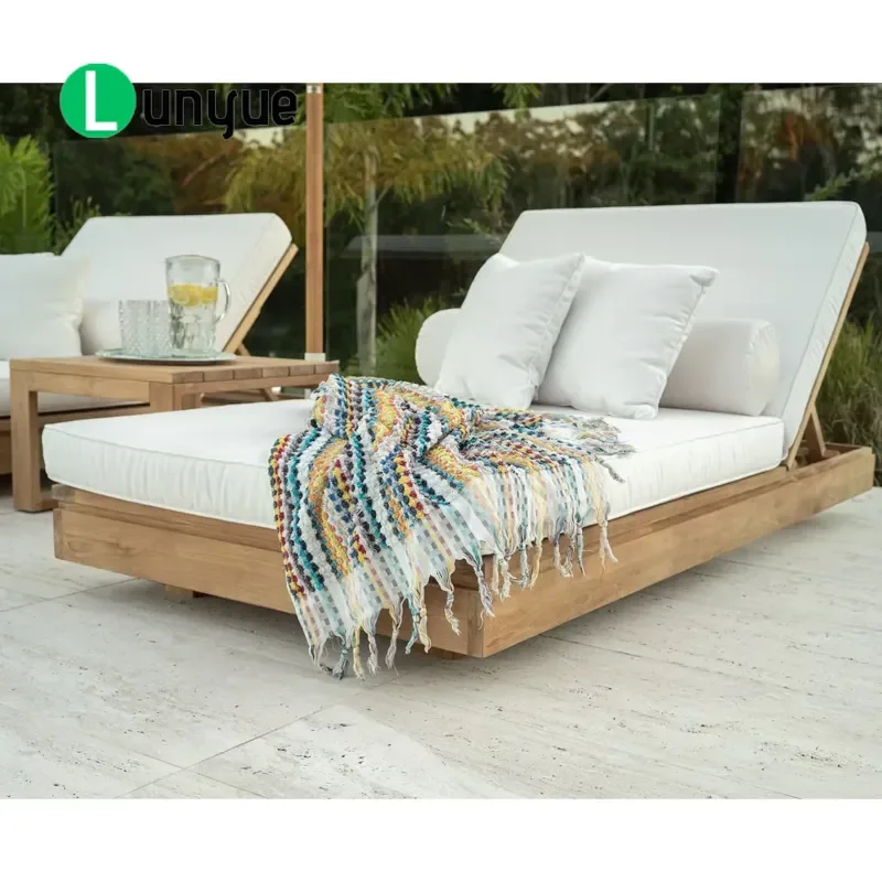 Solid Wood Teak Outdoor Garden Sofa Lounger Sun Bed Poolside Chaise Longue for Patio Yard Relaxation Durable Weather