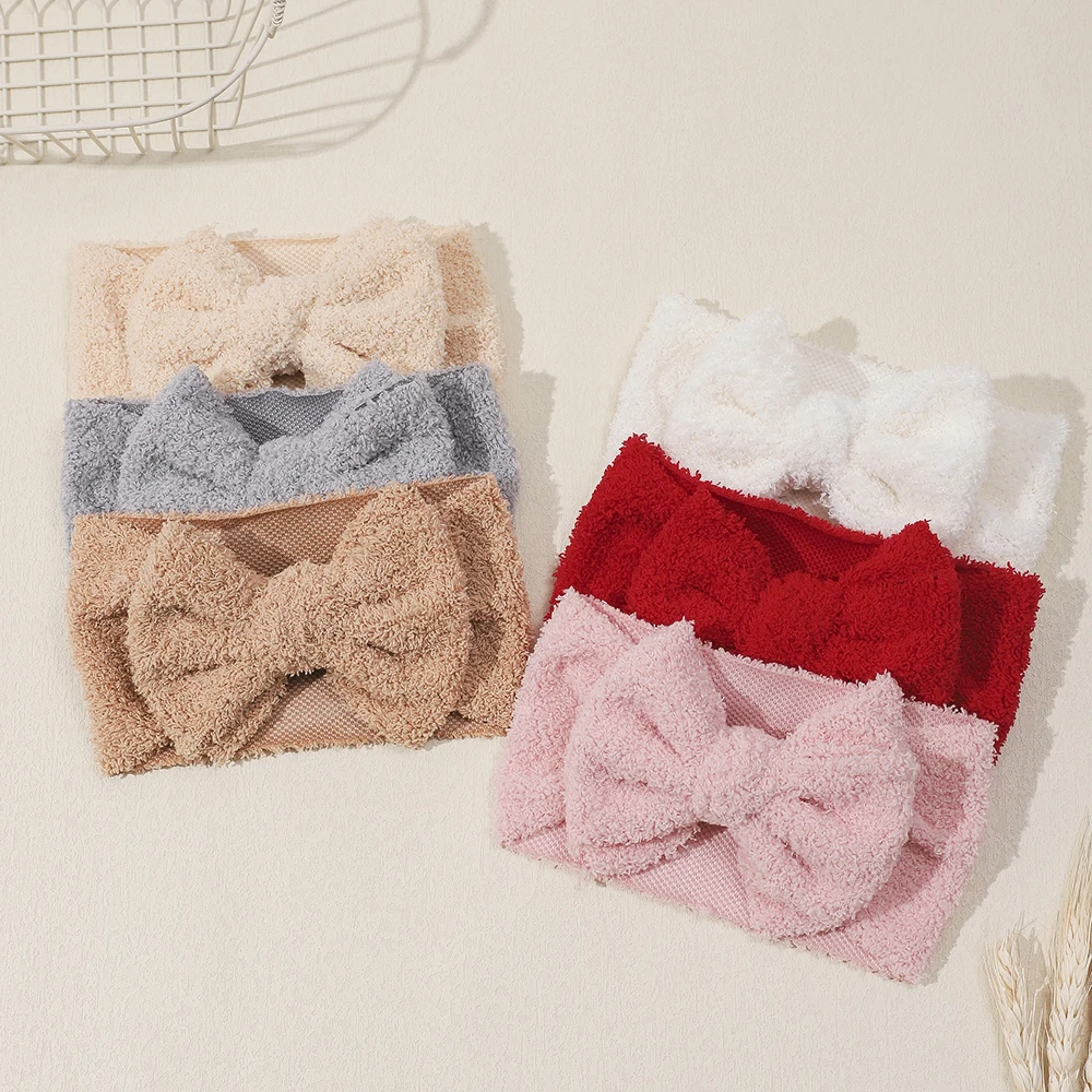 Winter Teddy Velvet Bow Headband for Newborn Baby Girls Solid Cute Hair Band Hair Accessories Girls Protect Soft Turban Headwear