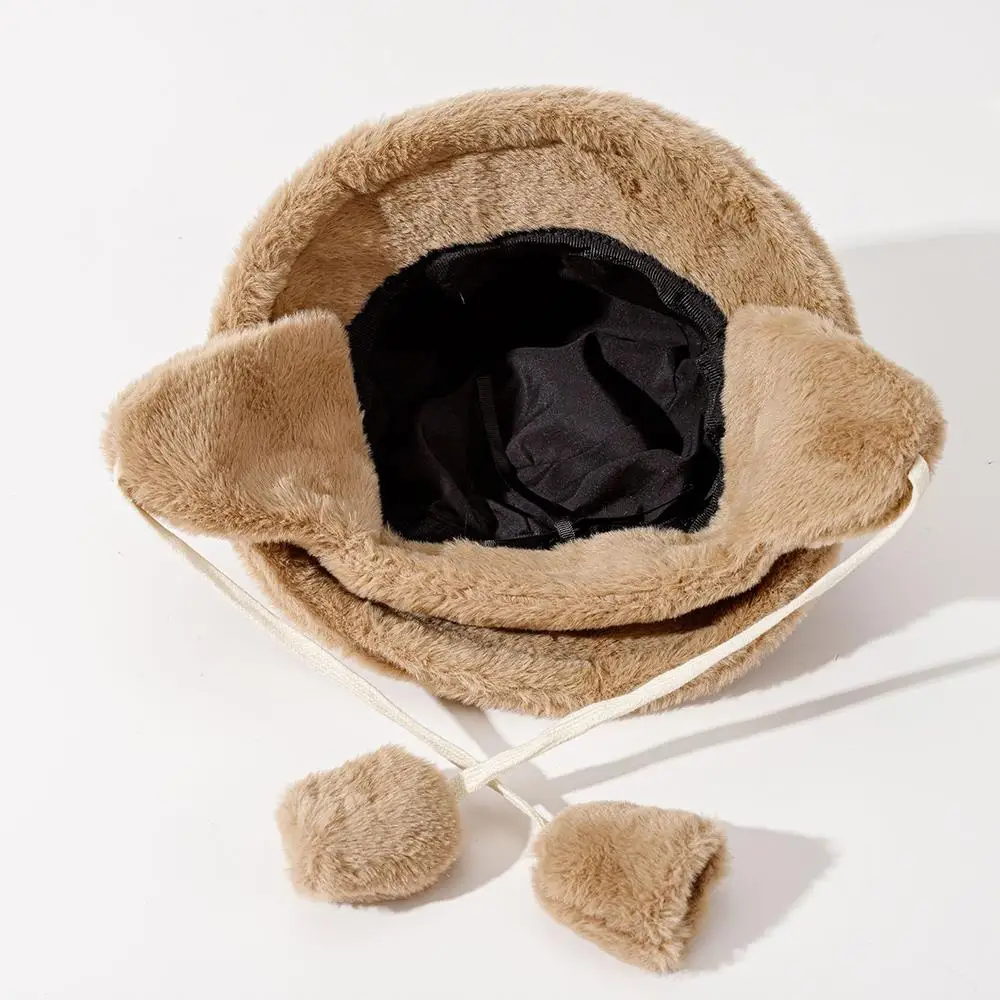 

Warm Winter Hat Faux Rabbit Fur Bucket Hat Thicken Barrel Cap Plush Ear Protection Solid Color Decor Outdoor Cold-proof Cap