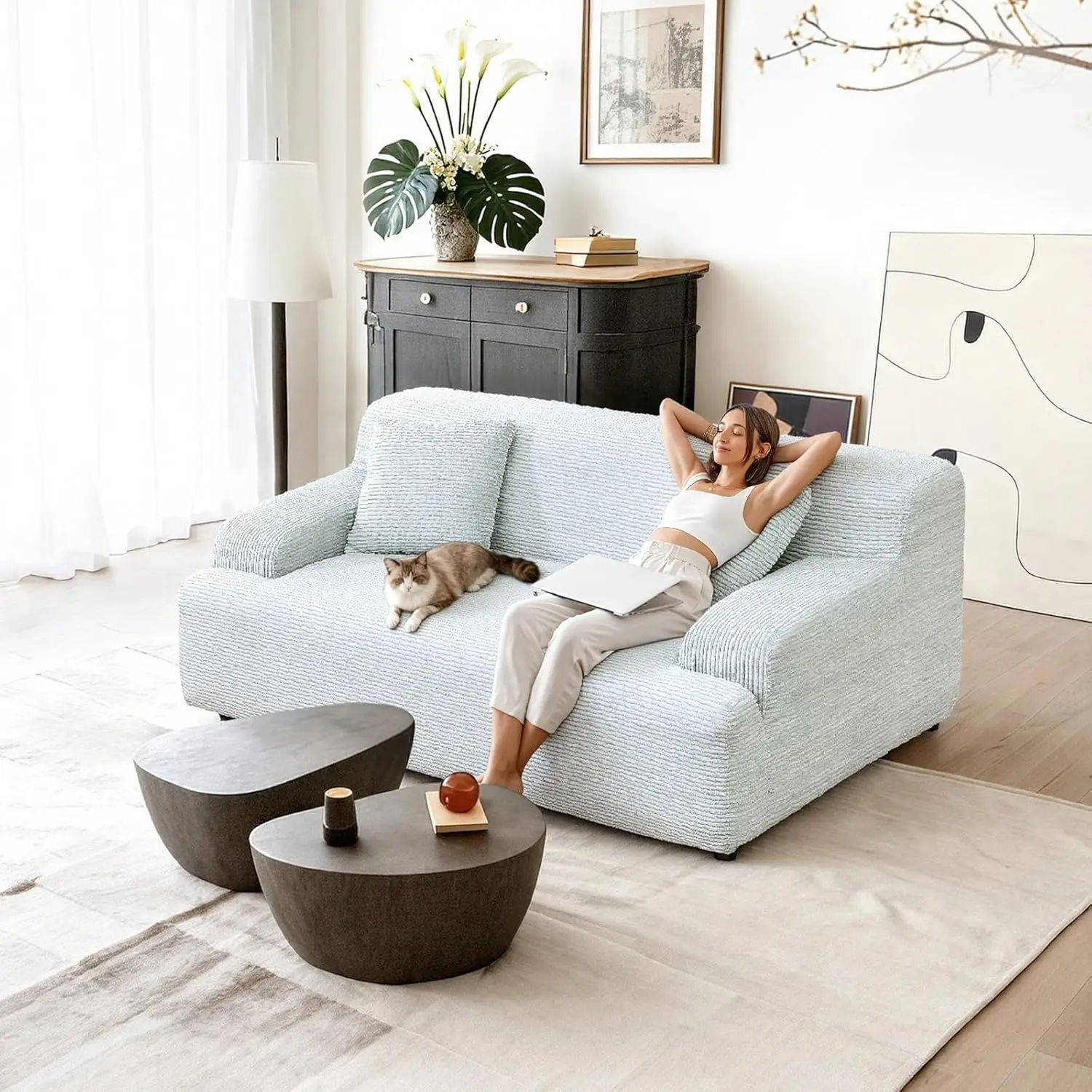 #Boneless Loveseat Cloud Corduroy Deep Seat Curved Armrest Living Room Small Space Easy Assembly Dark Grey