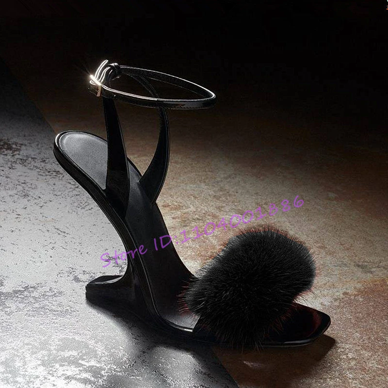 

Black Fur Patent Leather 11CM High Heels Fashion Square Toe Strange Heel Sandals Summer New Sexy Ankle Strap Party Women Shoes