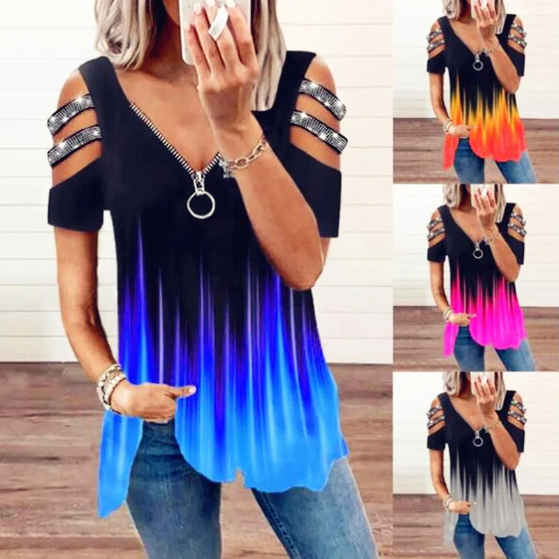 2025 Cross-border V-neck Zipper Pullover Printed Short-sleeved Loose T-shirt Women's Top Cw27576
