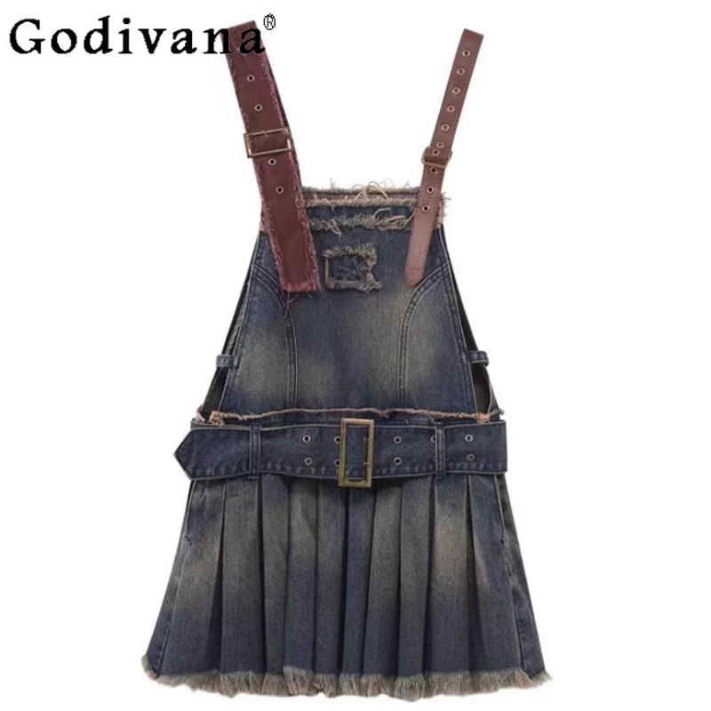 

Summer American Retro Blue A-line Denim Strap Dress Girl Washed Polished High Waist Age-reducing Suspender Pleated Short Dress