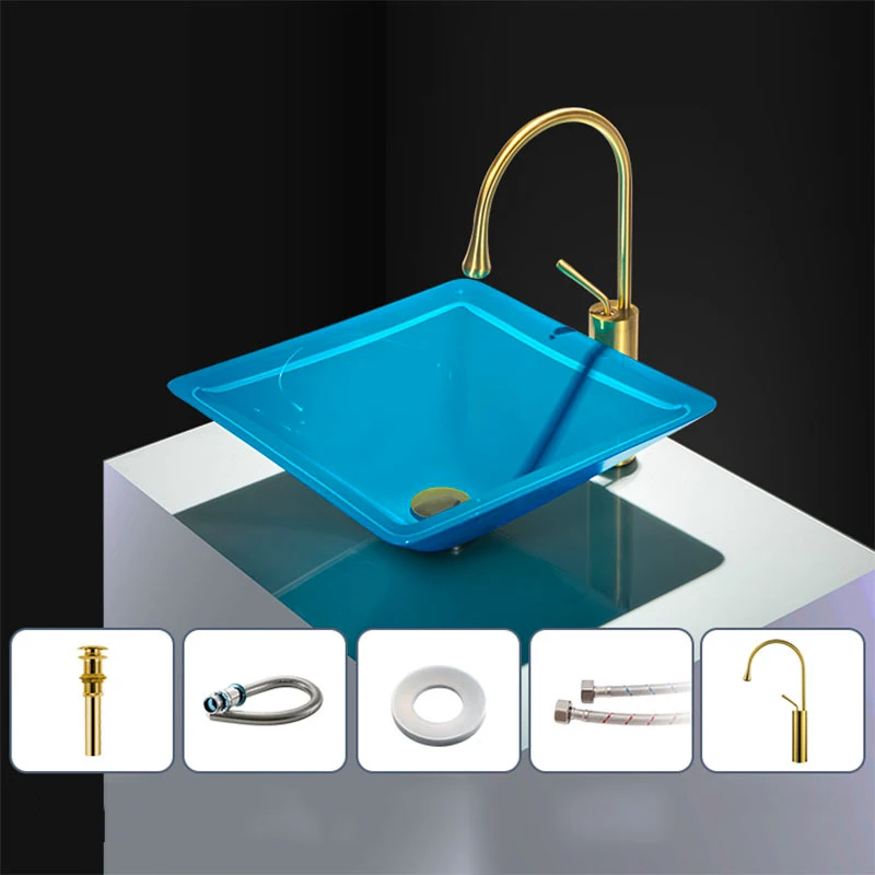 Bathroom Sink Blue Glass Washbasin Luxury Countertop Art Basin Washroom Glossy Vessel Sink With Free Faucet SetS 420*420*160mm