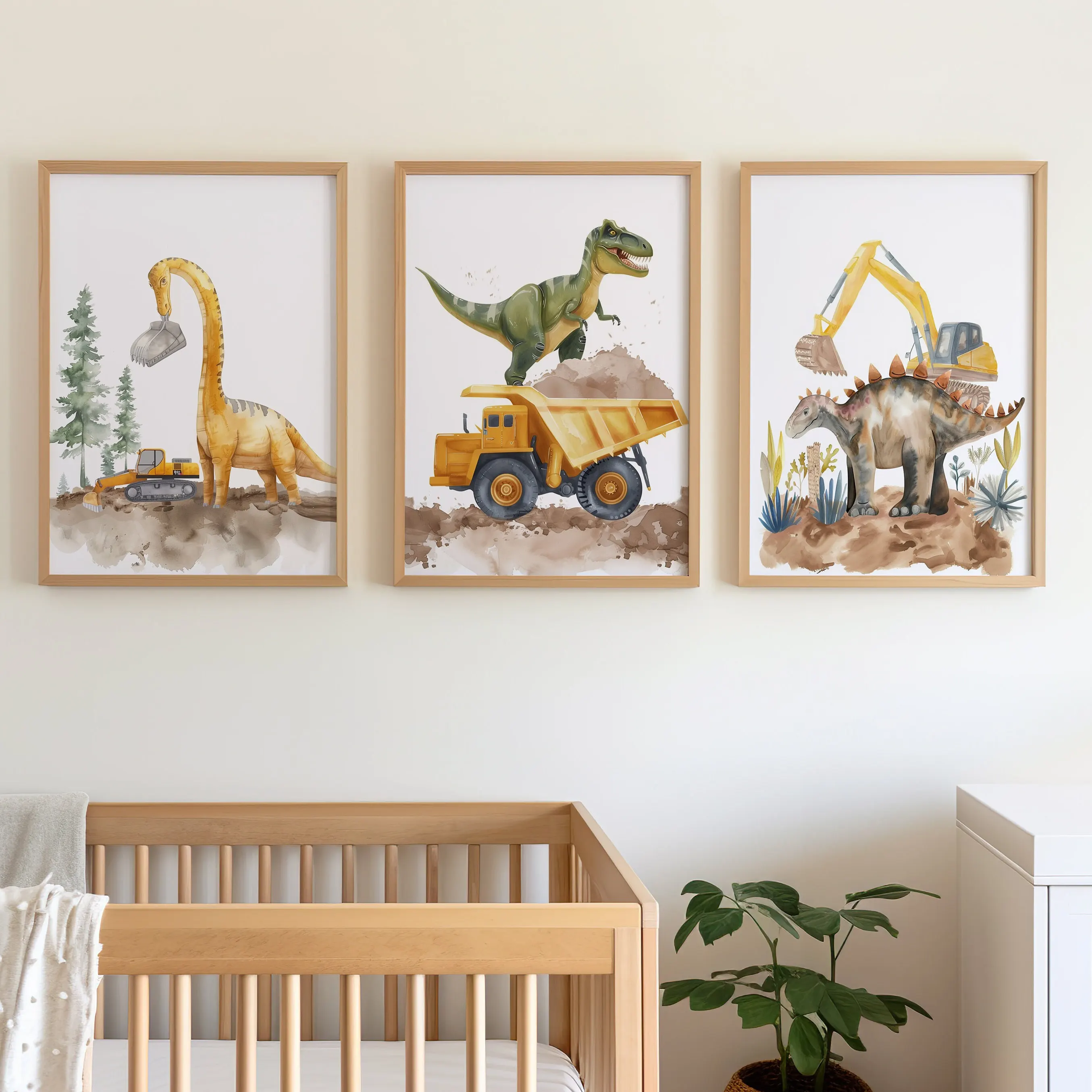 3pcs Fun Dinosaur Demolition Truck Art Posters: Minimalist Animal-Themed Canvas Art for Home, Kids' Rooms, and Nurseries