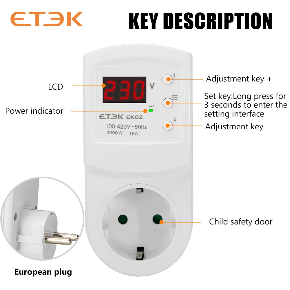 

ETEK hot selling EU Plug Socket 16A with Adjustable over Voltage Protector Relay Power Surge ProtectorAC140-300V EKCZ