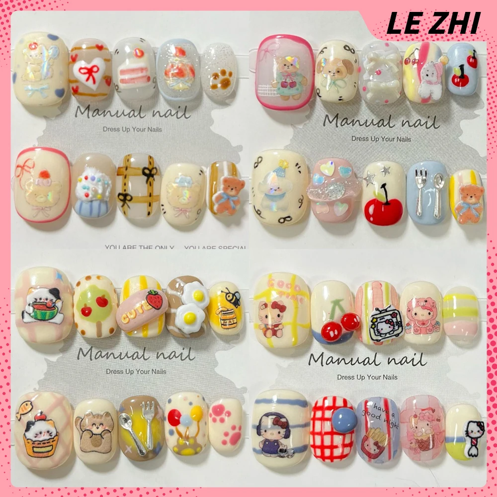 

Cartoon Cute Short Square Round Reusable Full Cover Fake Nail Kawaii Hello Kitty Cat Dog Hand-Painted Flowers Cherry False Nail