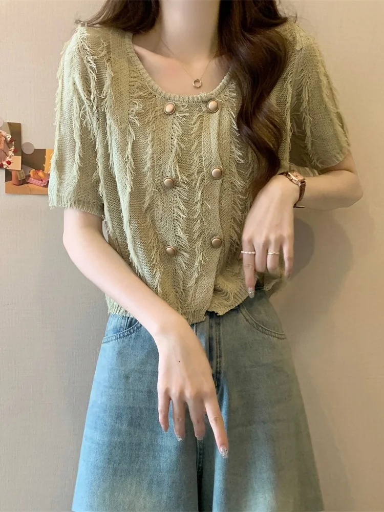 

Slimming Design Ice Silk Knitted Open Cardigan Women's Thin Summer Clothes Large Size Tassel Detail Short Sleeve round Neck