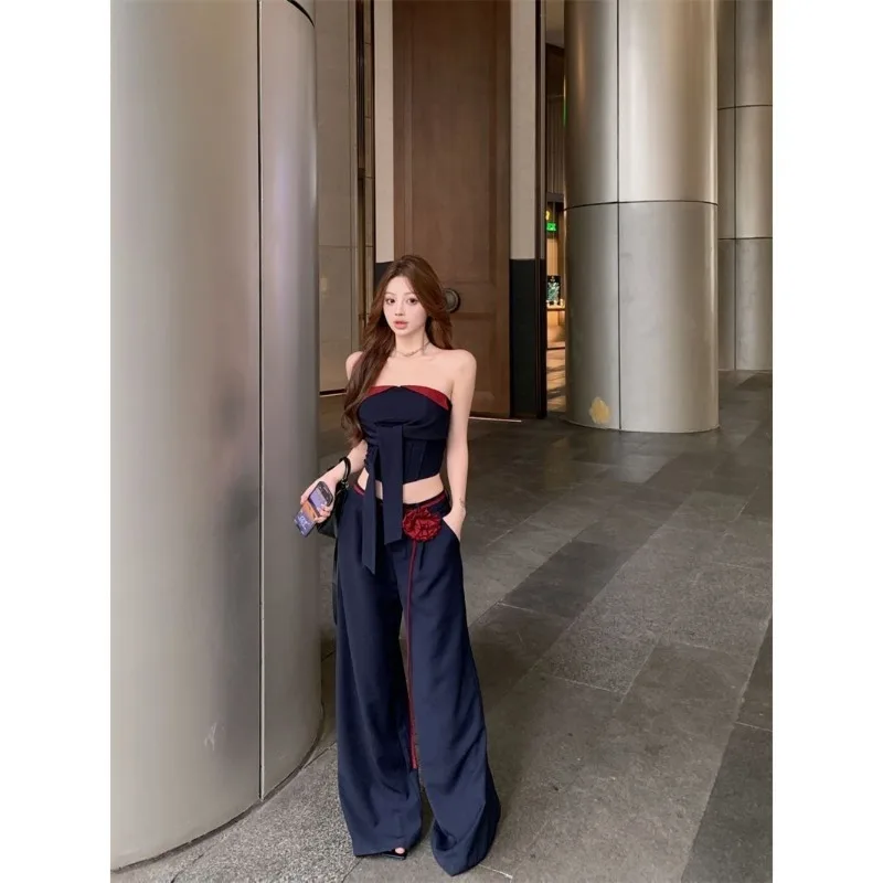 

Sweet Hot Girl Suit Women's Summer Lace-up Short Tank Top Flower Casual Wide Leg Pants Two-piece Set Fashion Female Clothes