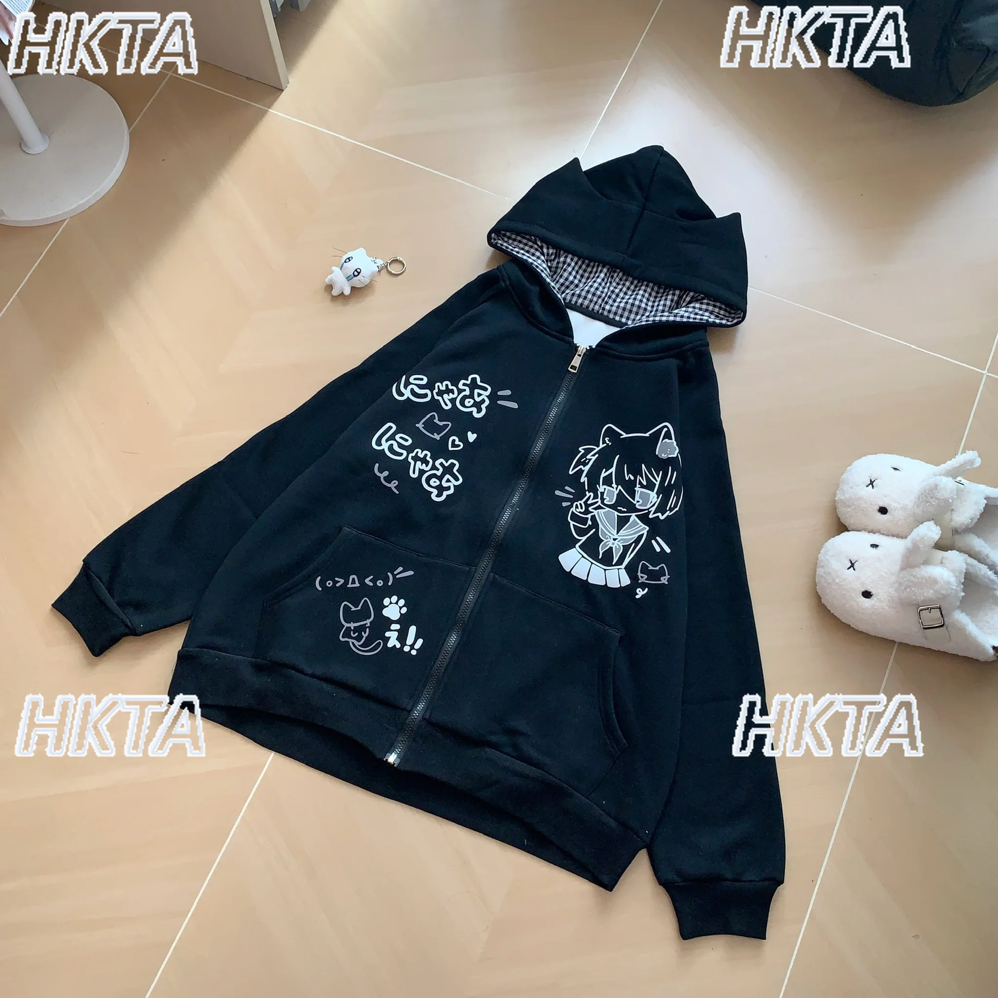 Dulce diario a cuadros lindo estampado de dibujos animados de manga larga sudaderas con capucha abrigo de invierno cálido chaqueta de terciopelo suelta bidimensional para mujer