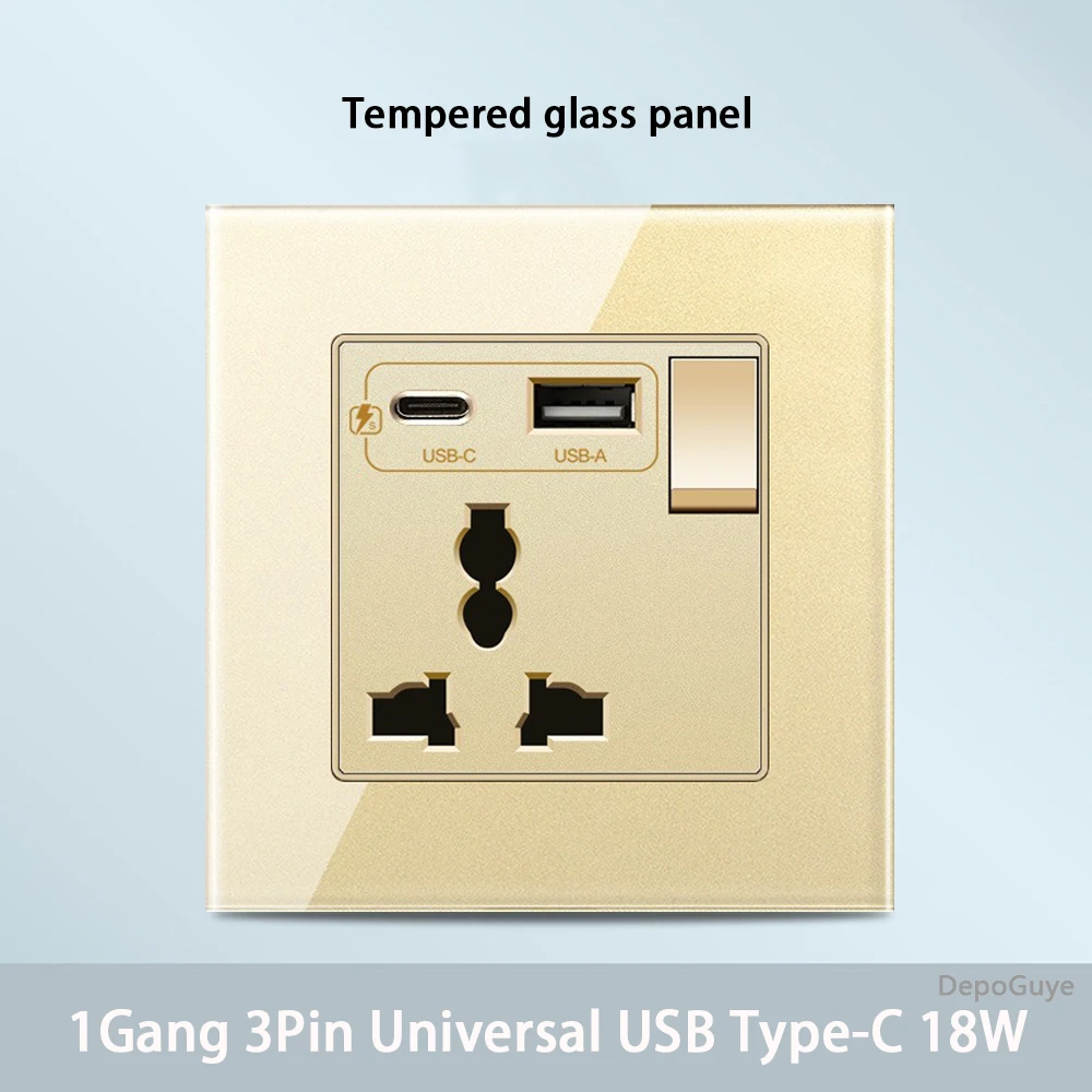 Gold Universal Tempered Glass Wall Socket,UK 13A power outlet with USB Type C 18W Quick Charge,Home Light Electric Switch Panel image 3