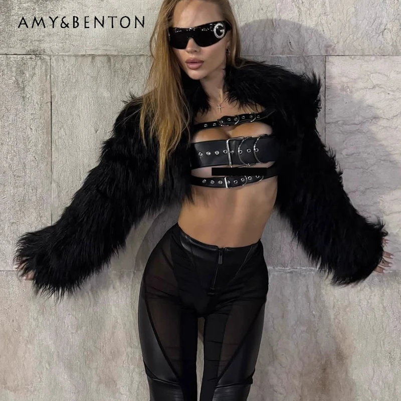 European American Sexy Hot Girl Furry Long Plush Stand Collar Women's Short Coat Autumn Winter New Versatile Cardigan Coat Girl #1
