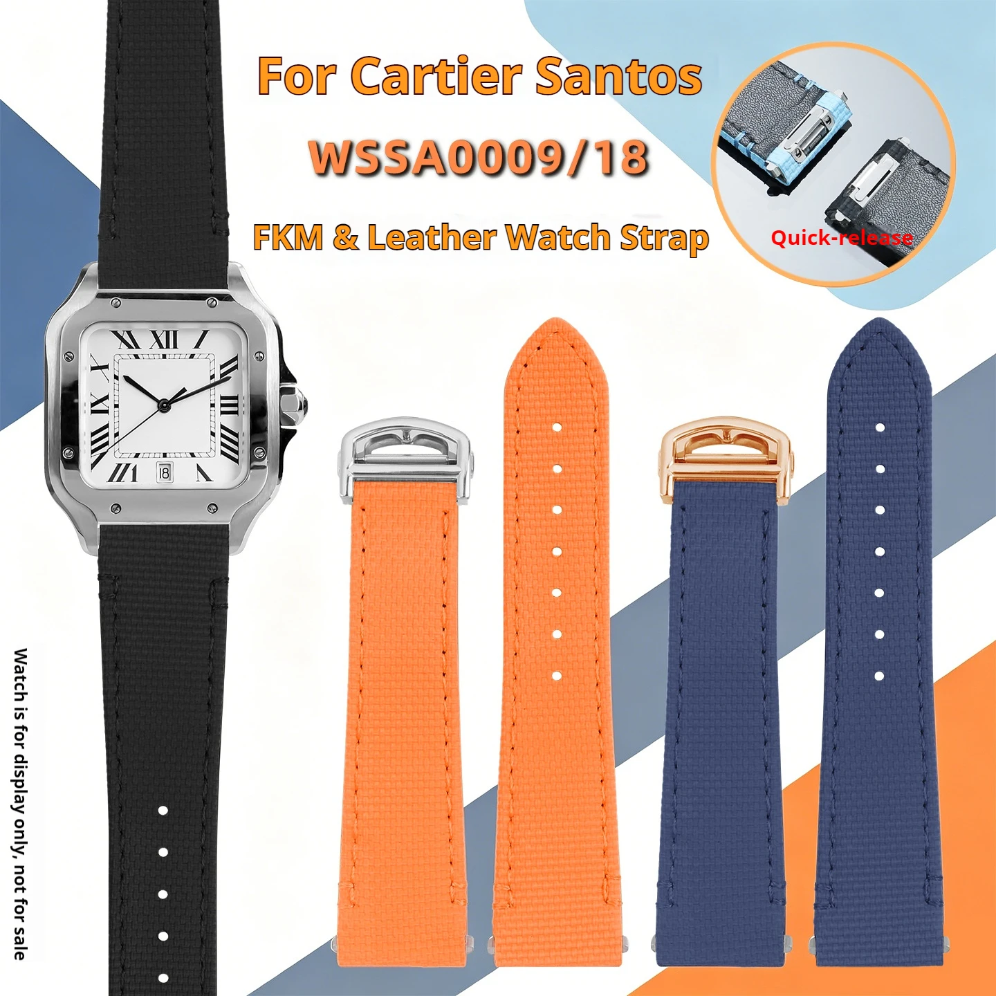 Cartier Watch Santos - حزام ساعة من الجلد والفلورورابر قابل